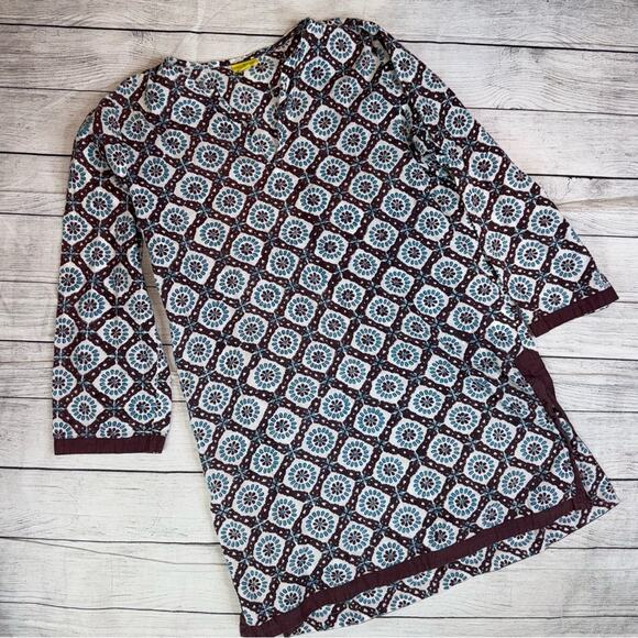 Roberta Roller Rabbit Women's Cotton Tunic Top Brown Turquoise Print Size Small - Picture 1 of 7